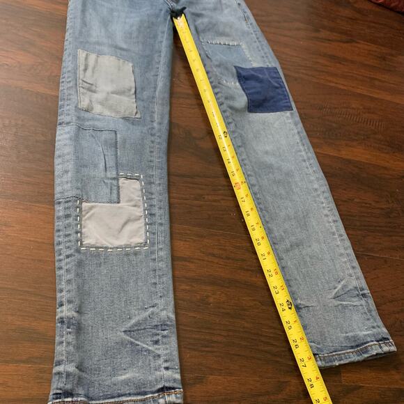 Pilcro & the Letterpress Anthropologie blue patchwork slim boyfriend jeans 25 - Picture 10 of 15
